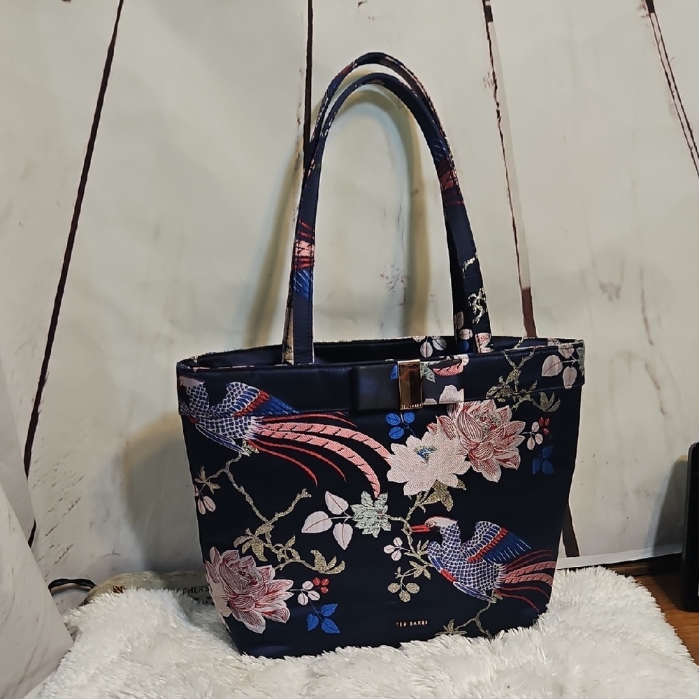 Ted Baker Tote Bag Navy Blue Floral Bird Print Bow ,Matching Wallet Included